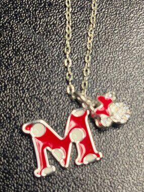 Disney Initial M Dog Pendant Necklace Red White Enamel Rhinestone Charm Silver T